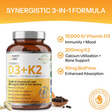 Purity Labs Vitamin D3 & K2 capsules on a wooden table