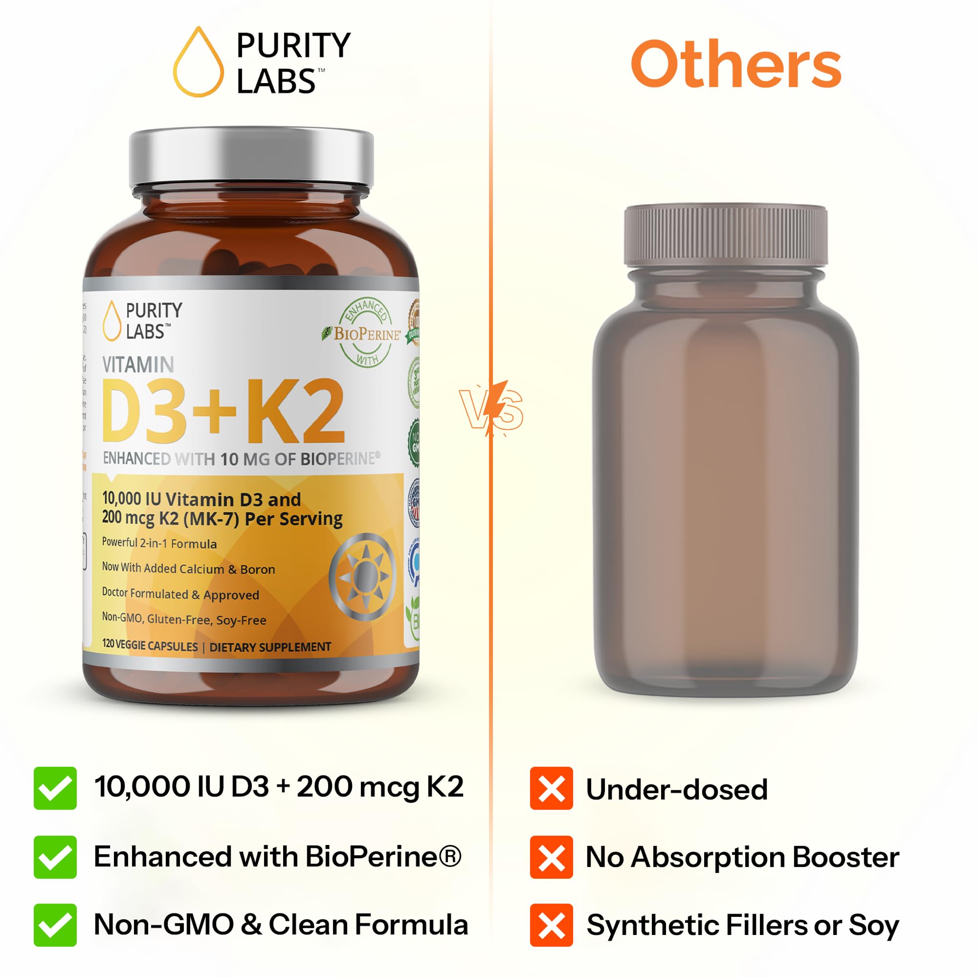 Purity Labs Vitamin D3 & K2 supplement bottle with a measuring spoon