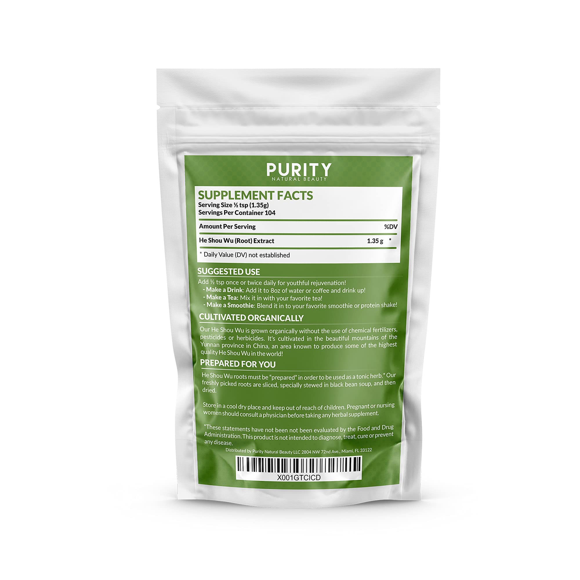 Purity Natural Beauty He Shou Wu Organic Powder 375g nutritional information