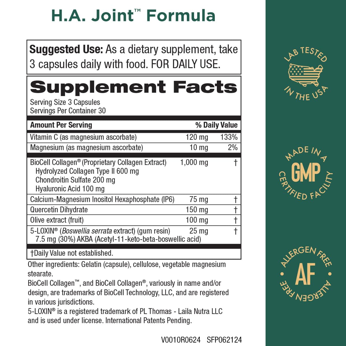 Purity Products H.A. Joint Formula bottle with label showing ingredients