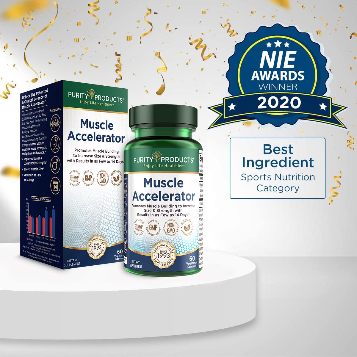 Purity Products Muscle Accelerator 650mg Capsules on a wooden table