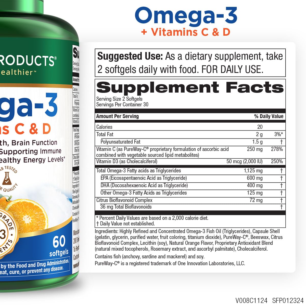 Purity Products Omega-3 Fish Oil with Vitamins C and D capsule bottle side view