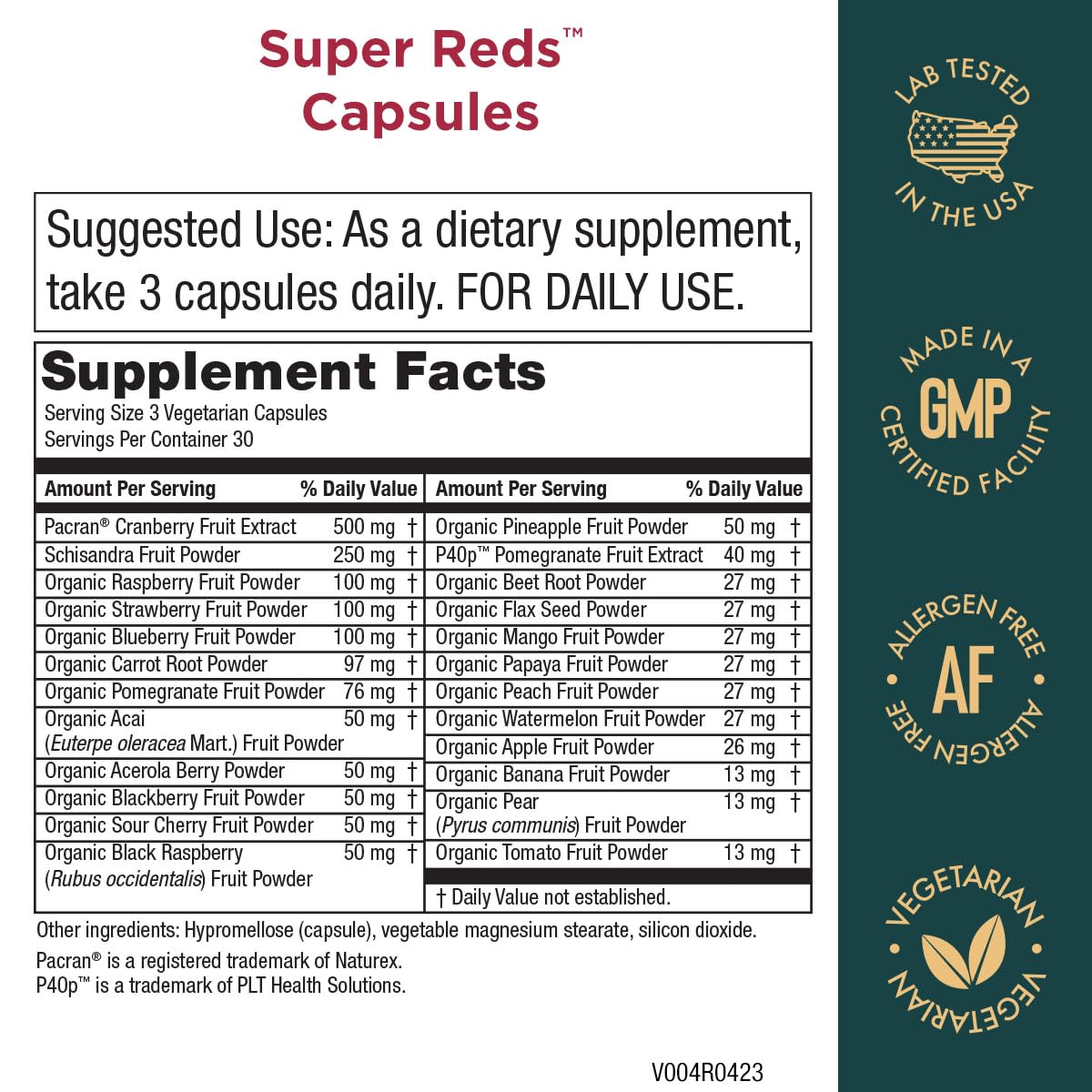 Purity Products Super Reds Capsules side view with label