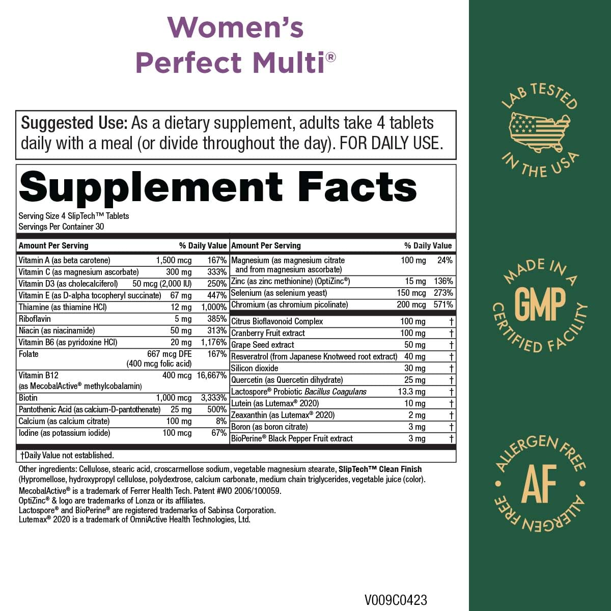 Purity Products Women’s Perfect Multi side view showing tablet details