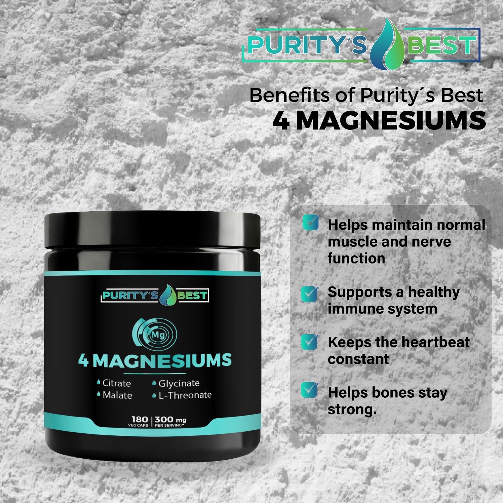 Purity's Best Magnesium 4-in-1 Complex 300mg bottle side view