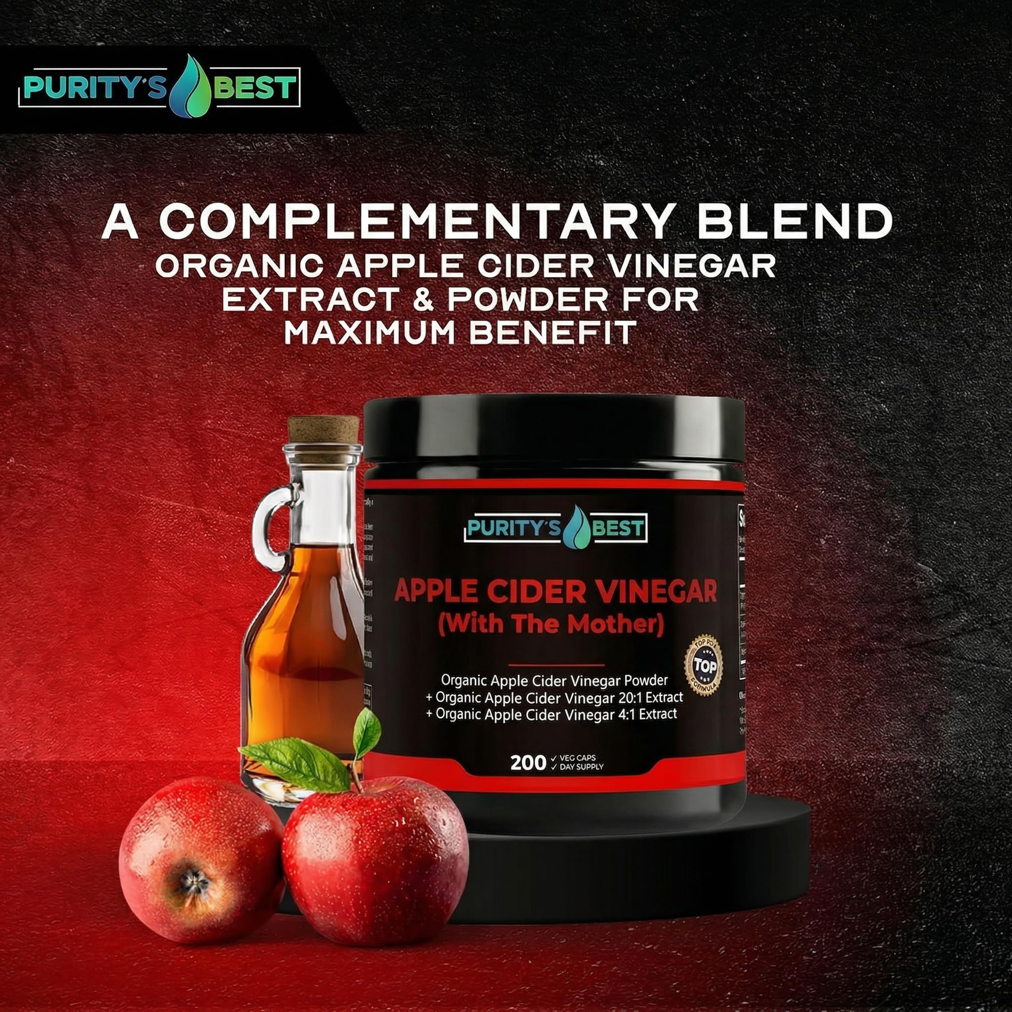 Purity's Best Organic ACV Capsules with a measuring spoon
