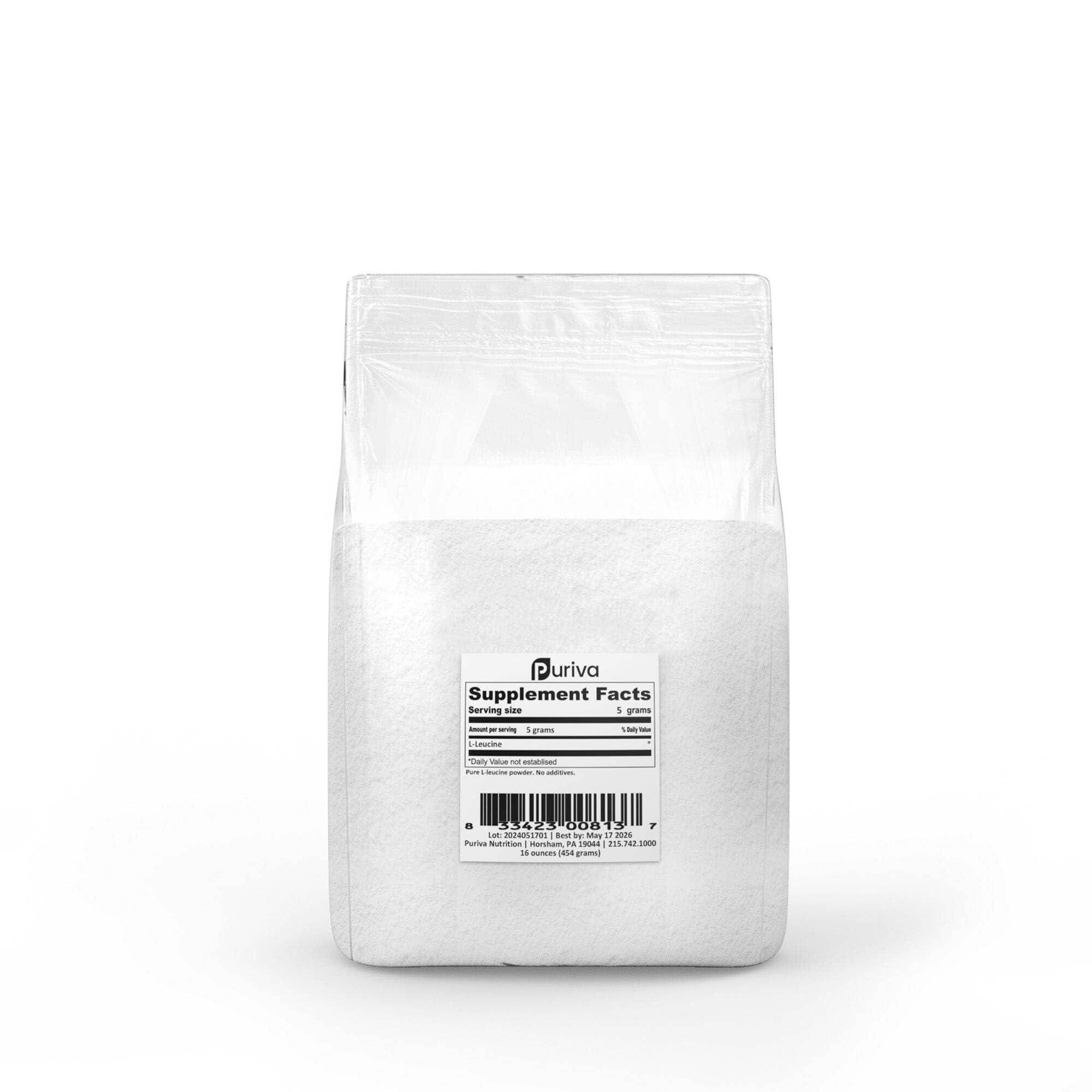 Puriva L-Leucine Powder 1 pound back view with nutritional information