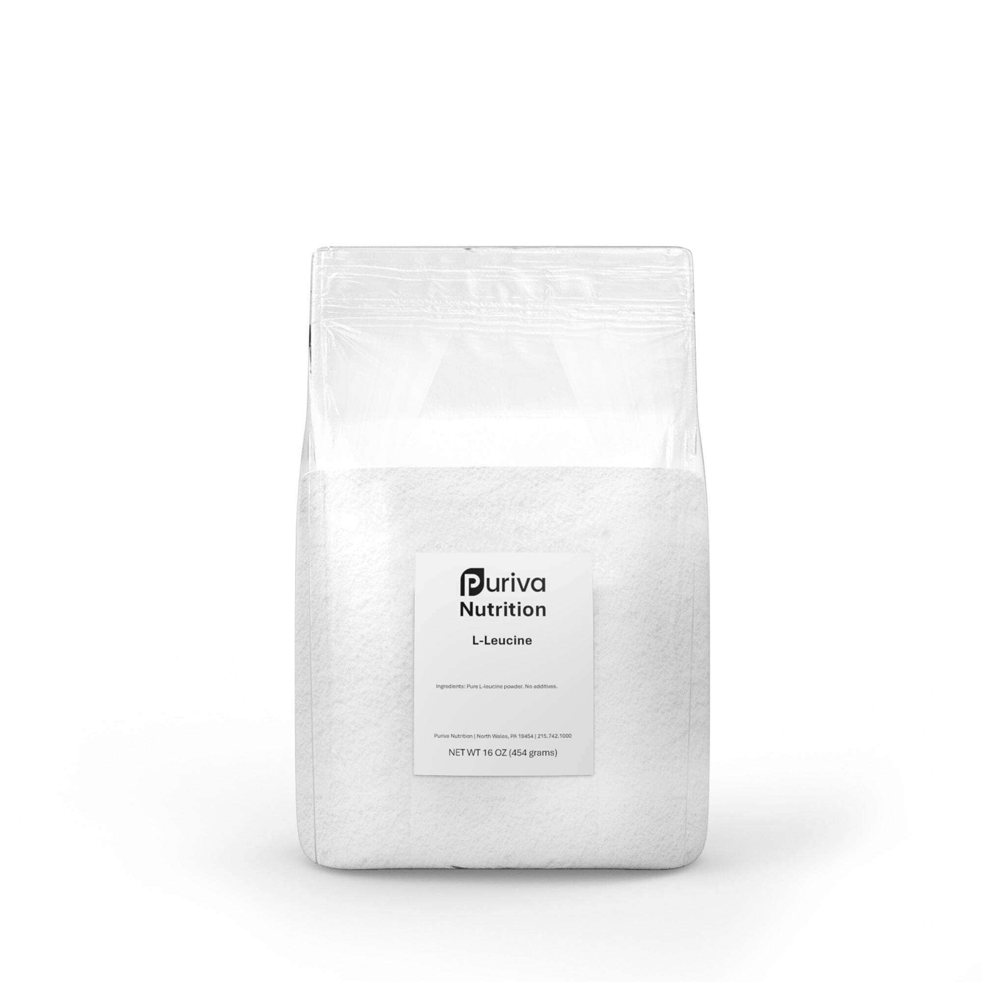 Puriva L-Leucine Powder 1 pound front view with packaging