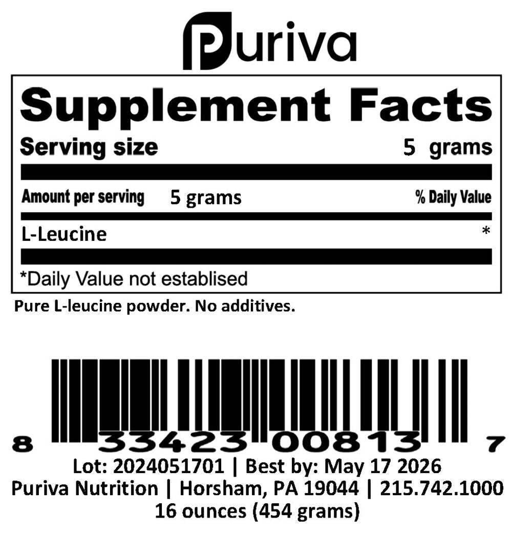 Puriva L-Leucine Powder 1 pound with serving scoop