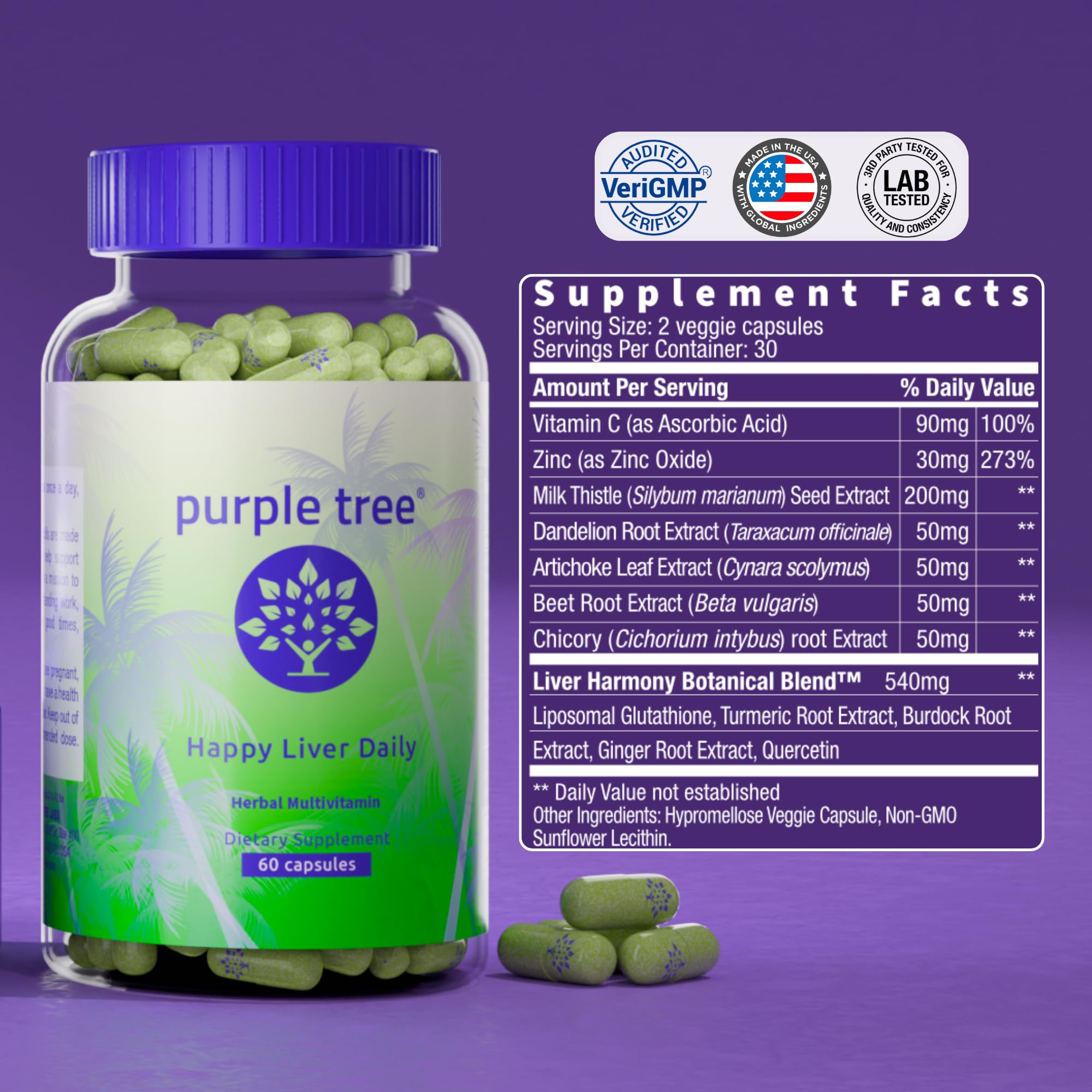 purple tree Happy Liver Daily bottle with capsules