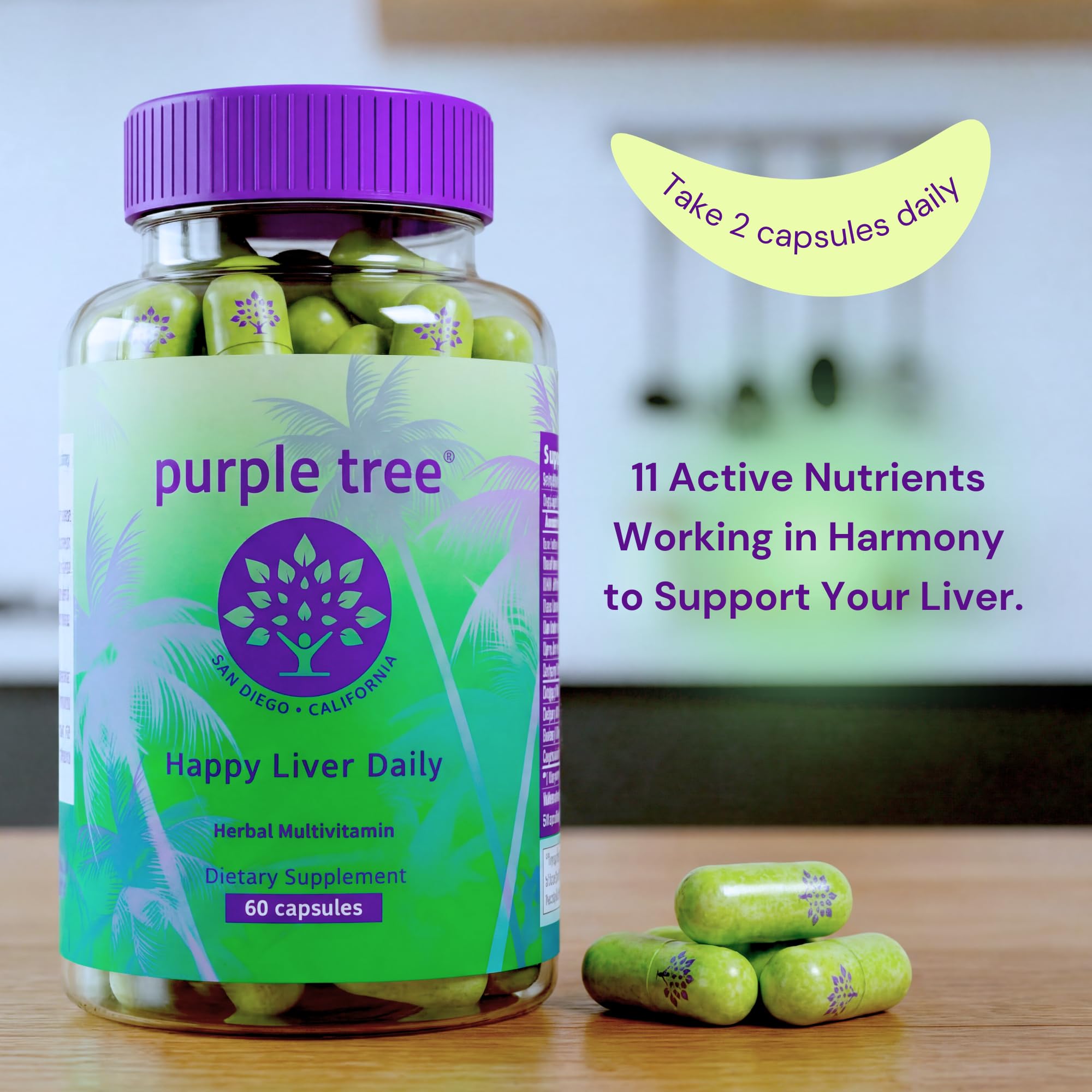 purple tree Happy Liver Daily bottle with label