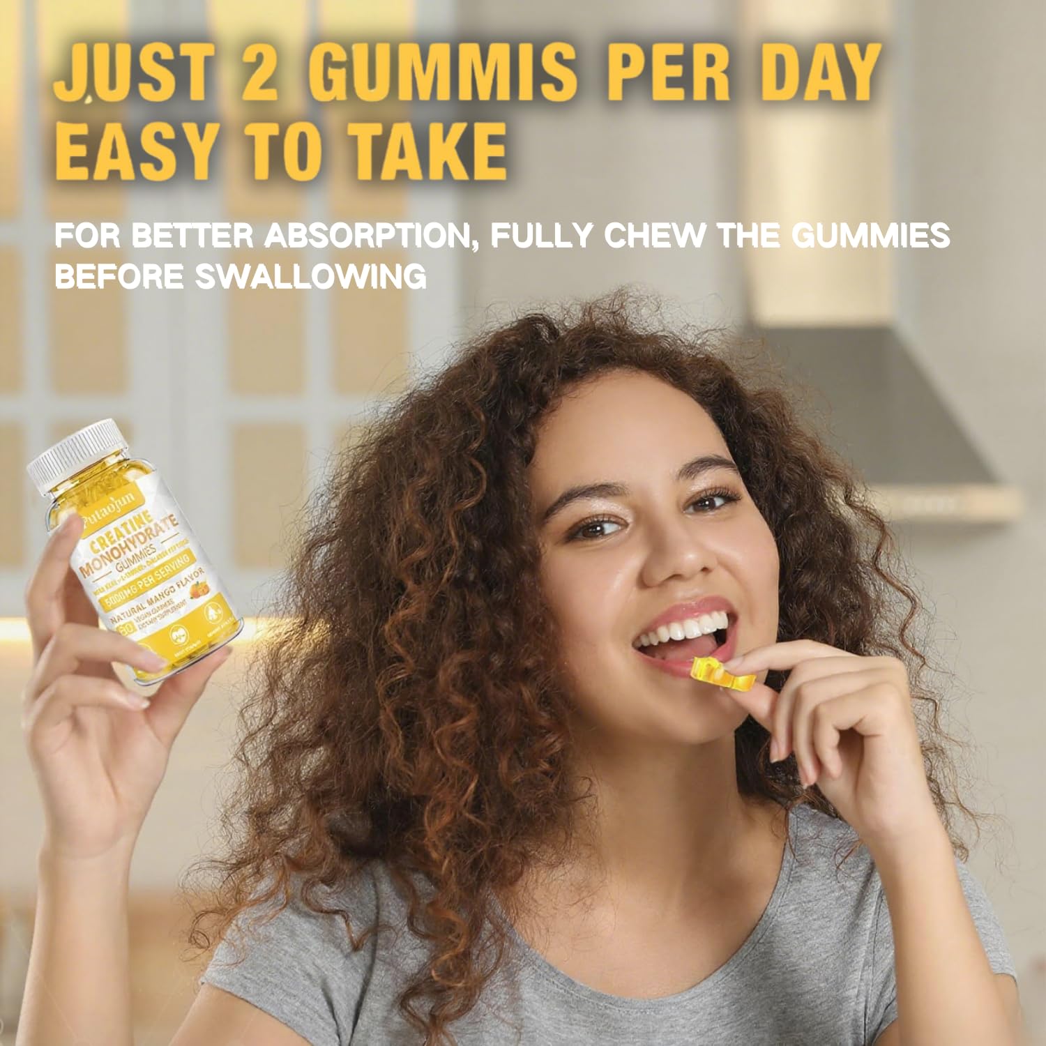 Putaojun Creatine Gummies in a hand, showcasing convenient size