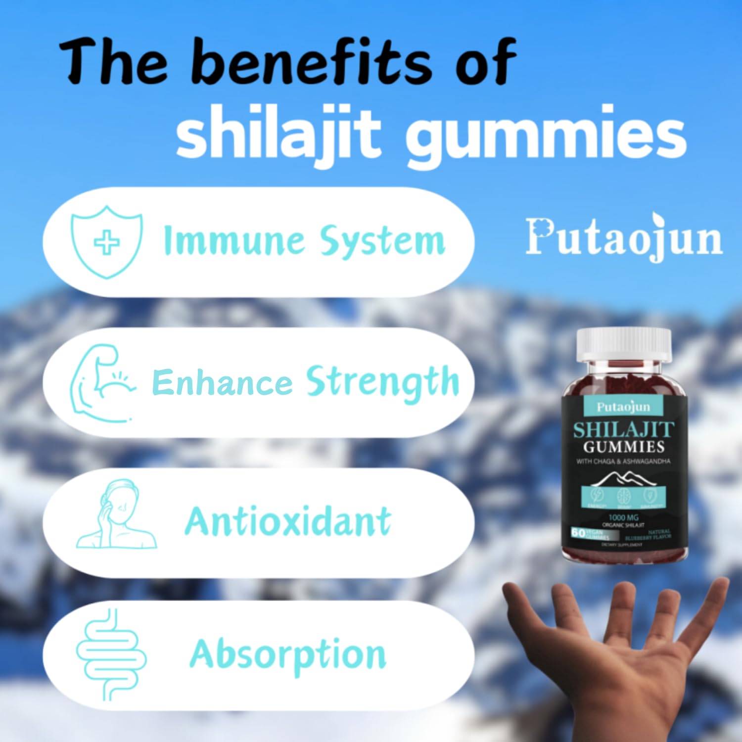 Putaojun Shilajit Gummies with a fresh blueberry background