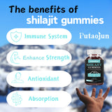 Putaojun Shilajit Gummies with a fresh blueberry background