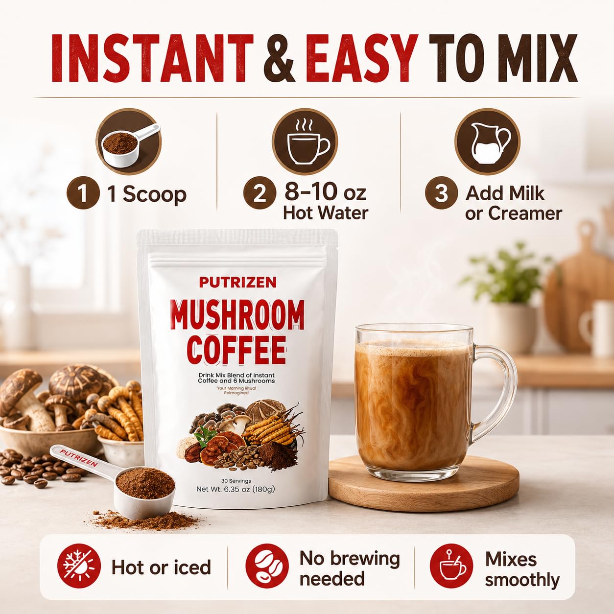 PUTRIZEN Low-Caffeine Mushroom Coffee 2500mg lifestyle scene