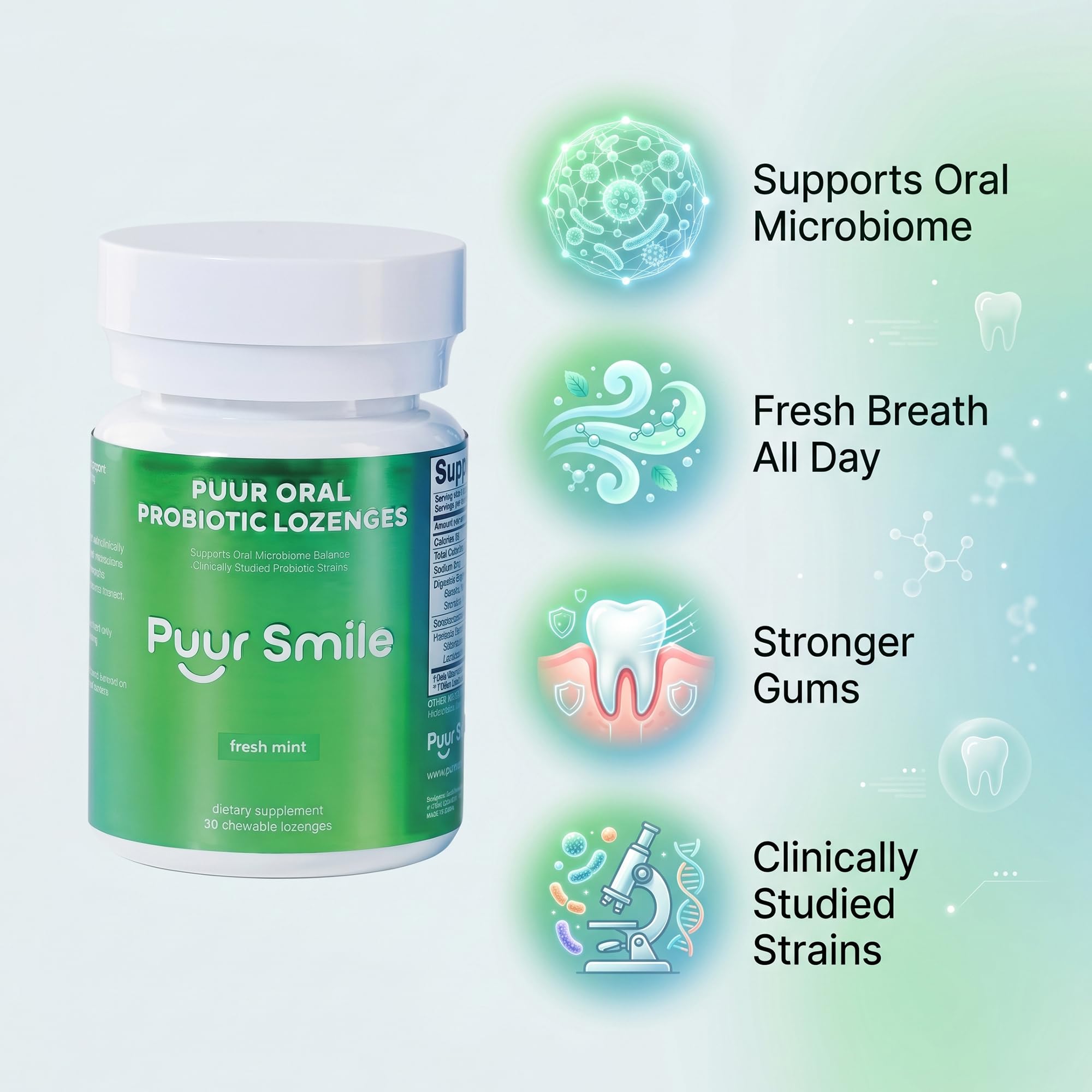 Puur Smile Oral Probiotic Lozenges side view with dosage information