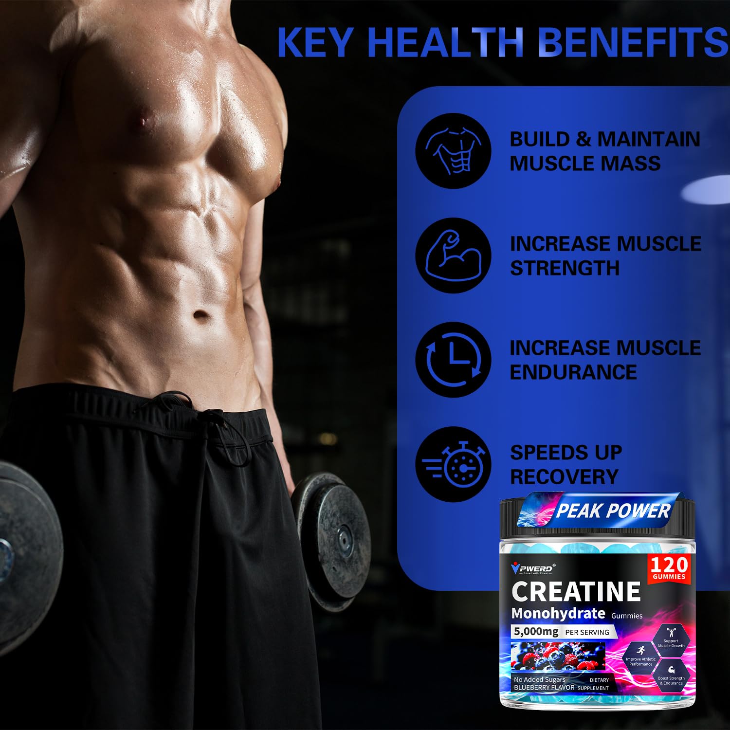 PWERD Creatine Monohydrate Gummies 5000 mg bottle with cap