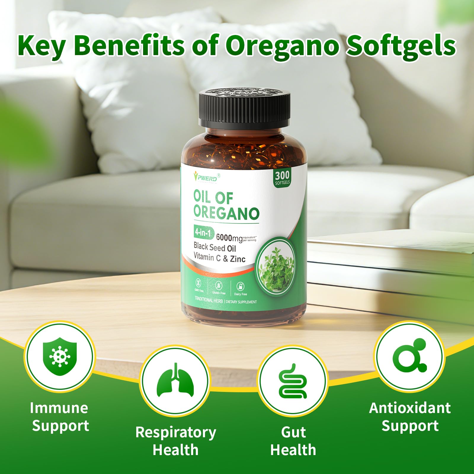 PWERD Organic Oregano Oil Softgels on a wooden table