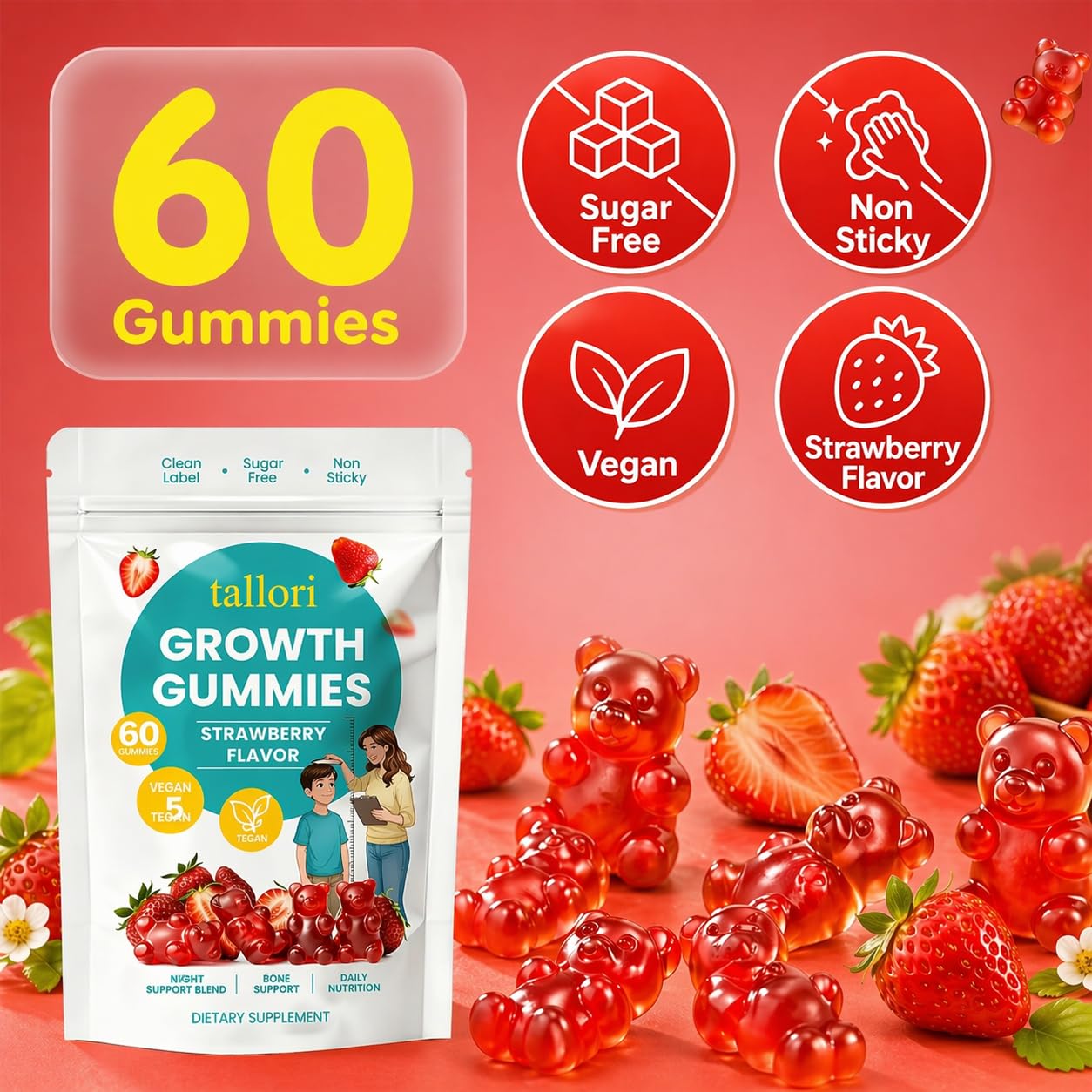 Pwkvsn Tallori Growth Gummies in a bowl with strawberries