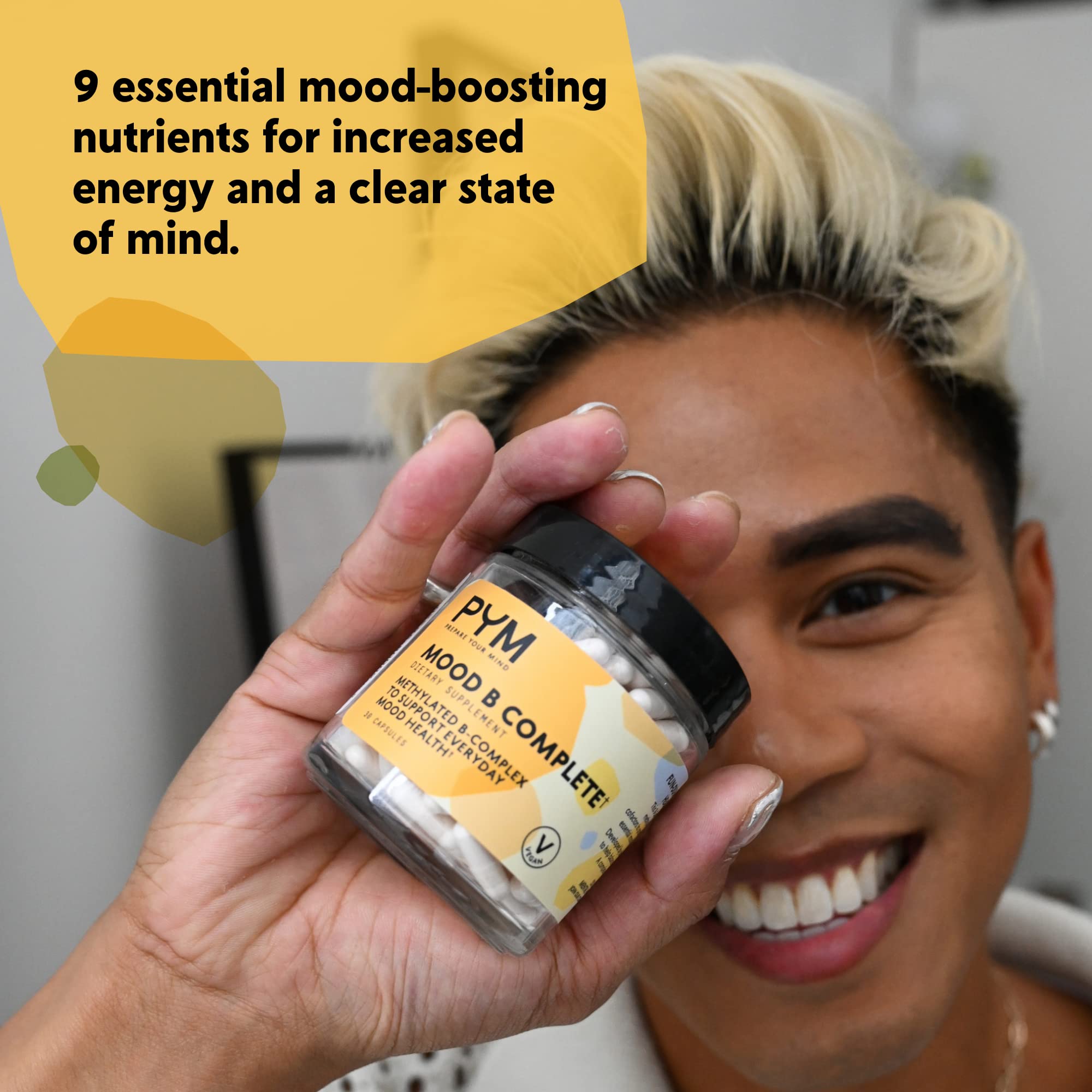 PYM Health Mood B Complete B12 supplement capsules close-up