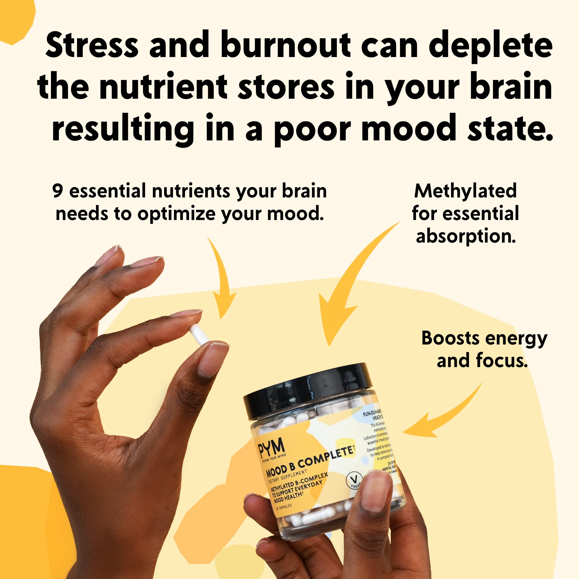 PYM Health Mood B Complete B12 supplement capsules on a wooden table