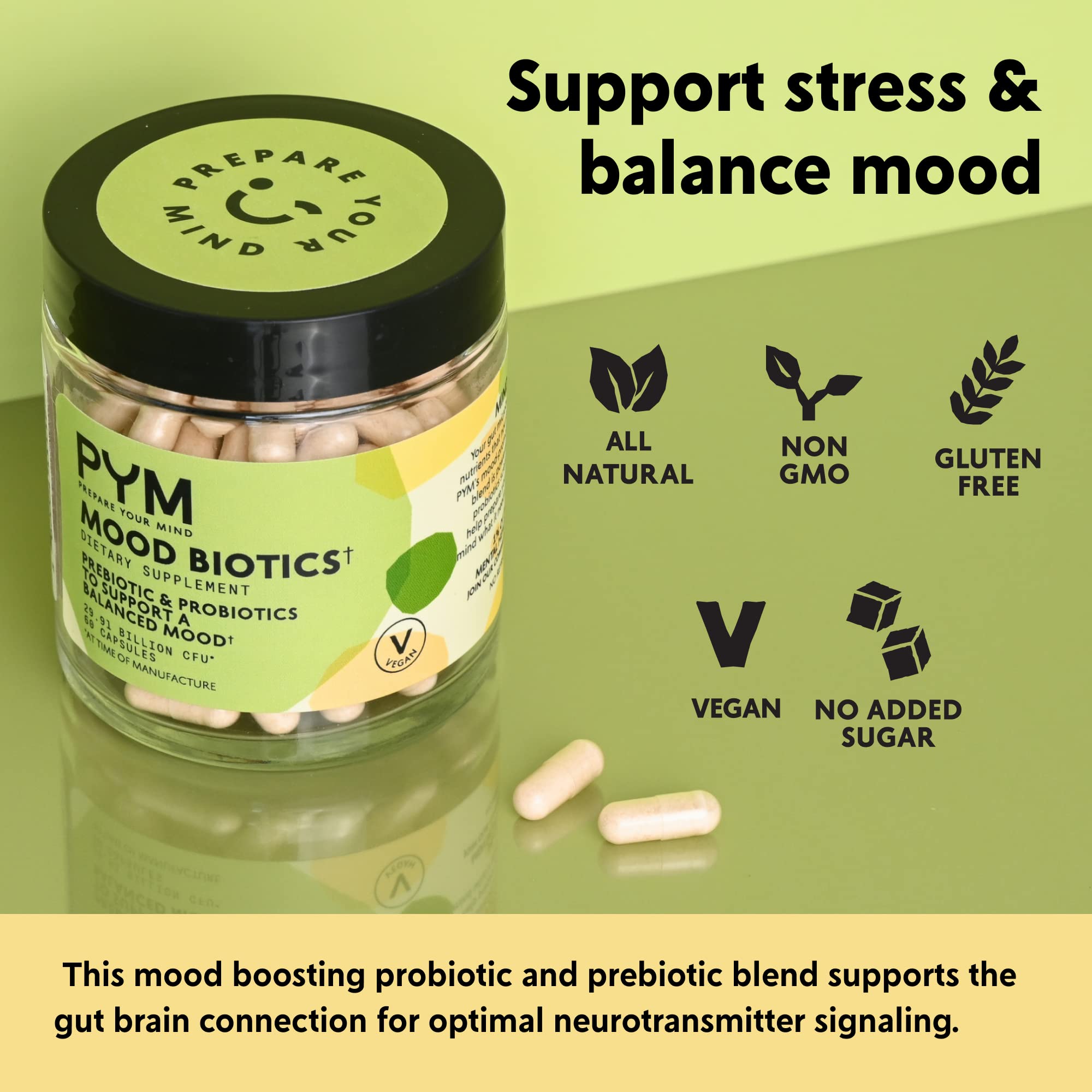 PYM Health Mood Biotics capsules in a hand