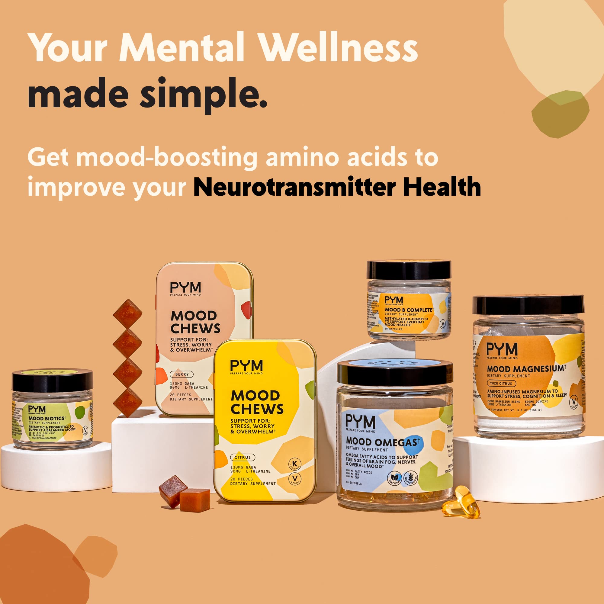 PYM Health Mood Biotics capsules with a plant background