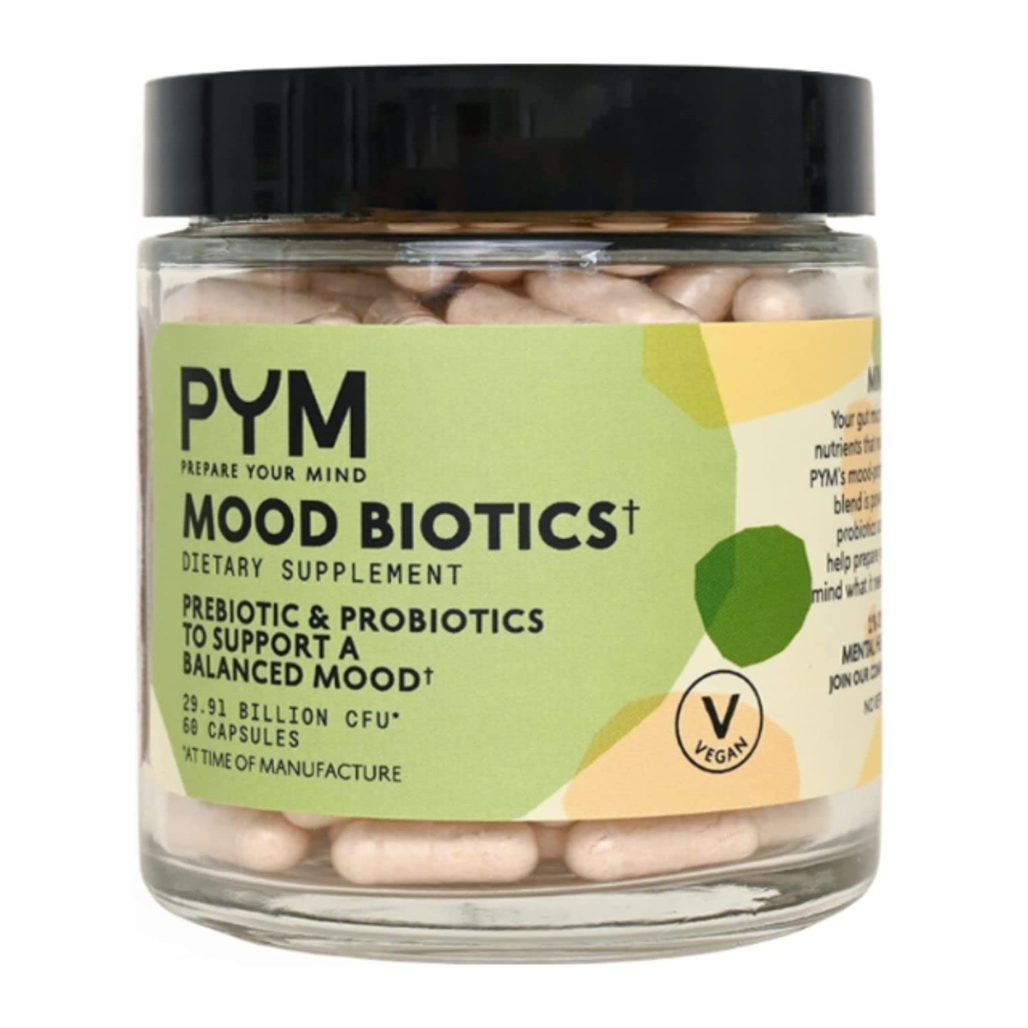 PYM Health Mood Biotics prebiotic capsules front view