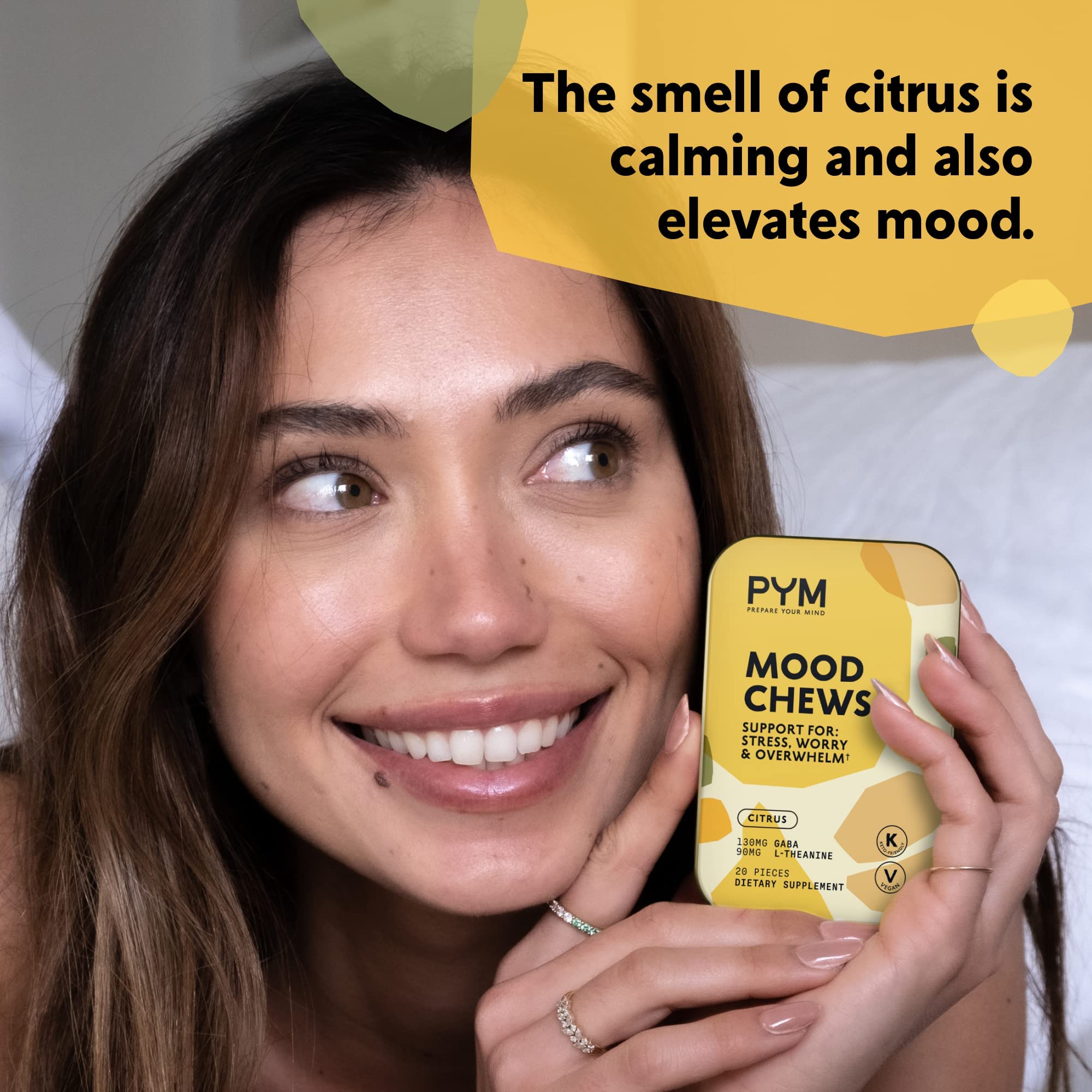 PYM Health Mood Chews with a glass of water