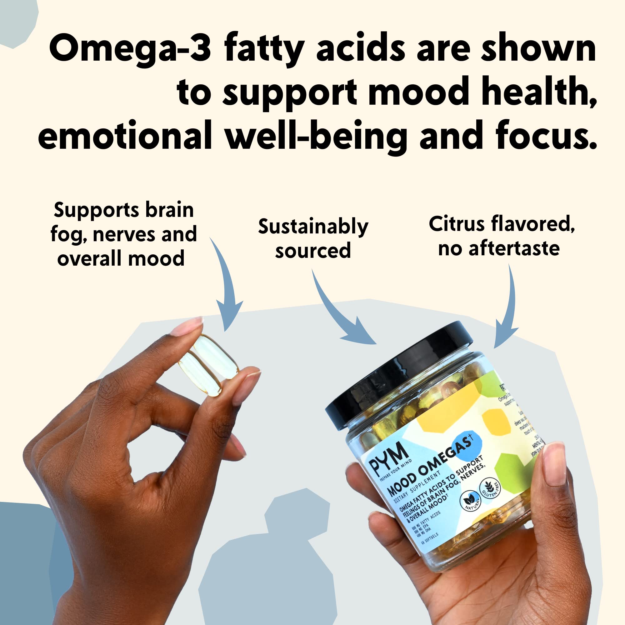 PYM Health Mood Omegas bottle with citrus background