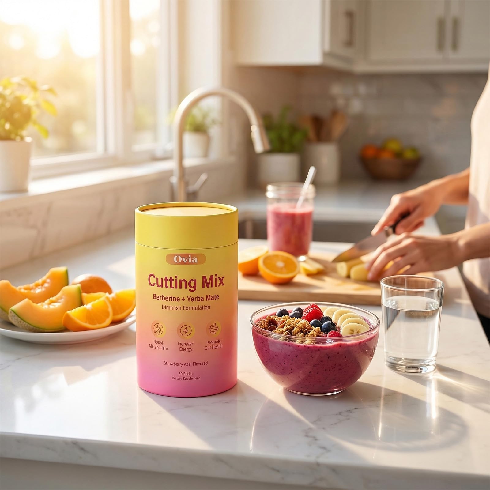 PynkLily Multivitamin Powder container with fresh strawberries