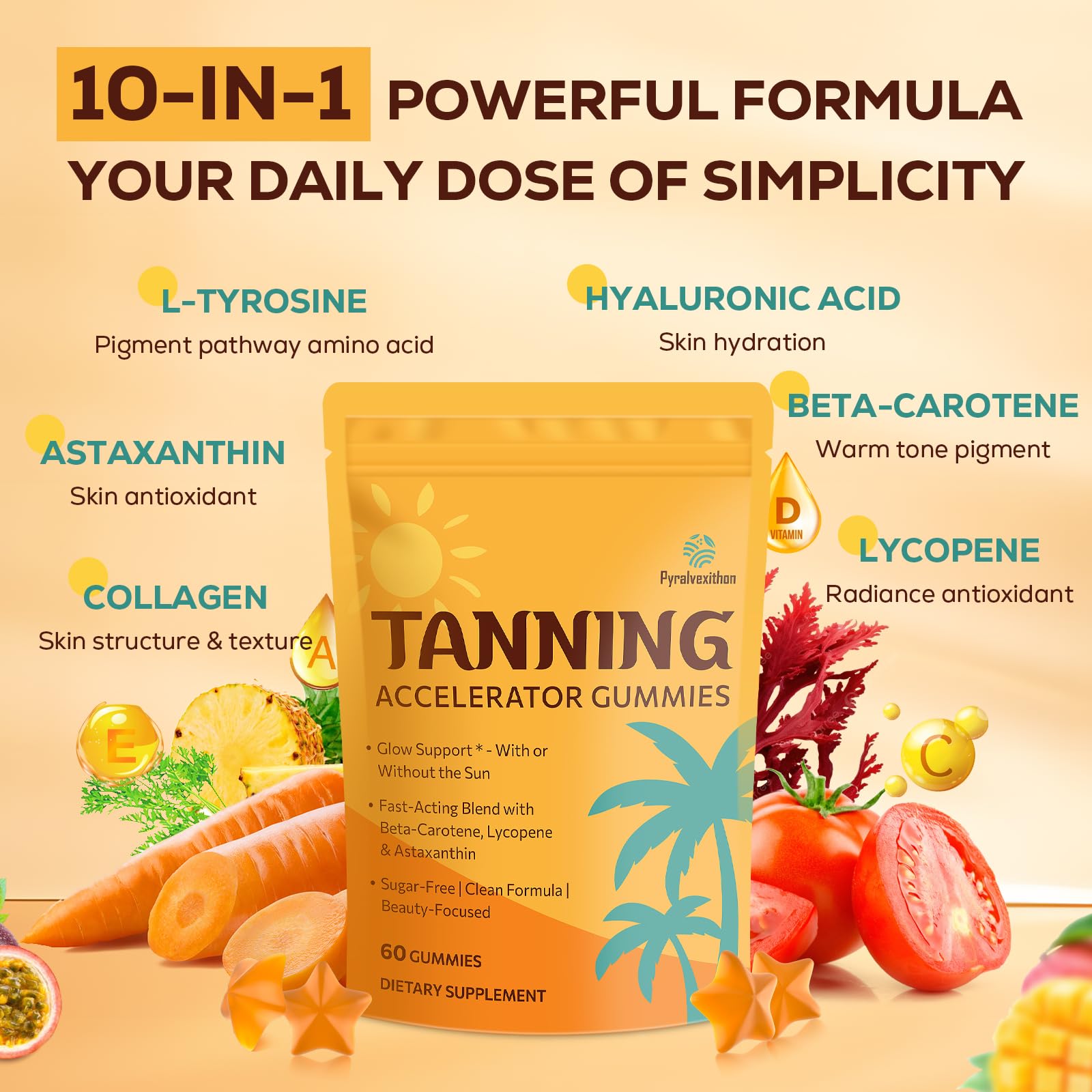 Pyralvexithon Tanning Gummies with ingredients displayed around