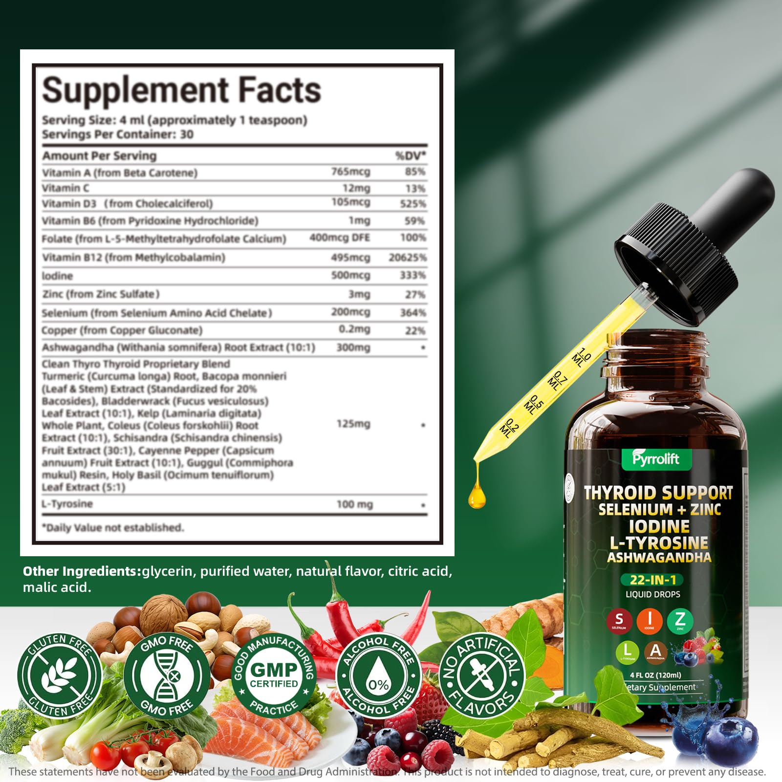 Pyrrolift Thyroid Extract Liquid Drops 120g back view with ingredients