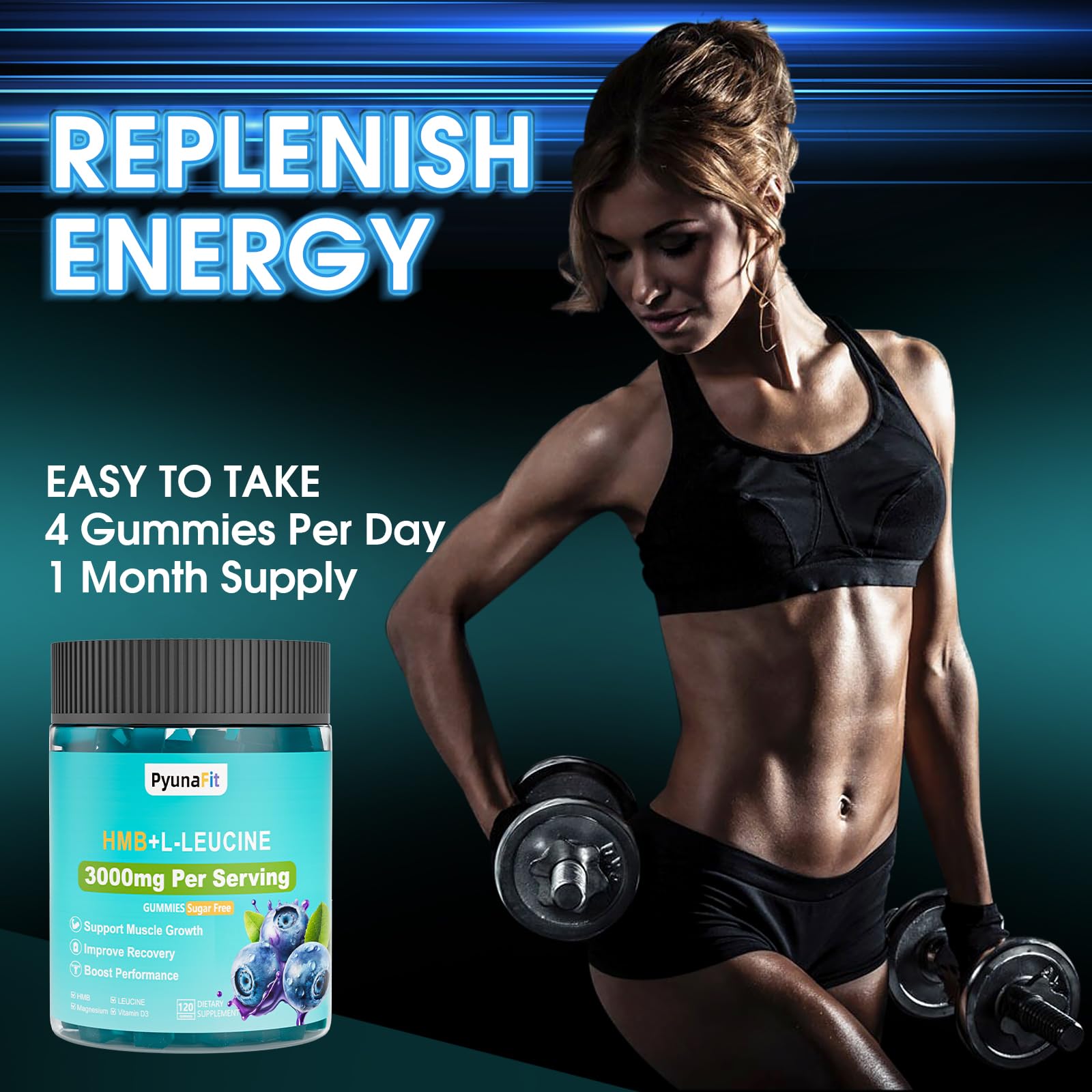PYUNAFIT HMB Leucine Gummies with fresh blueberries