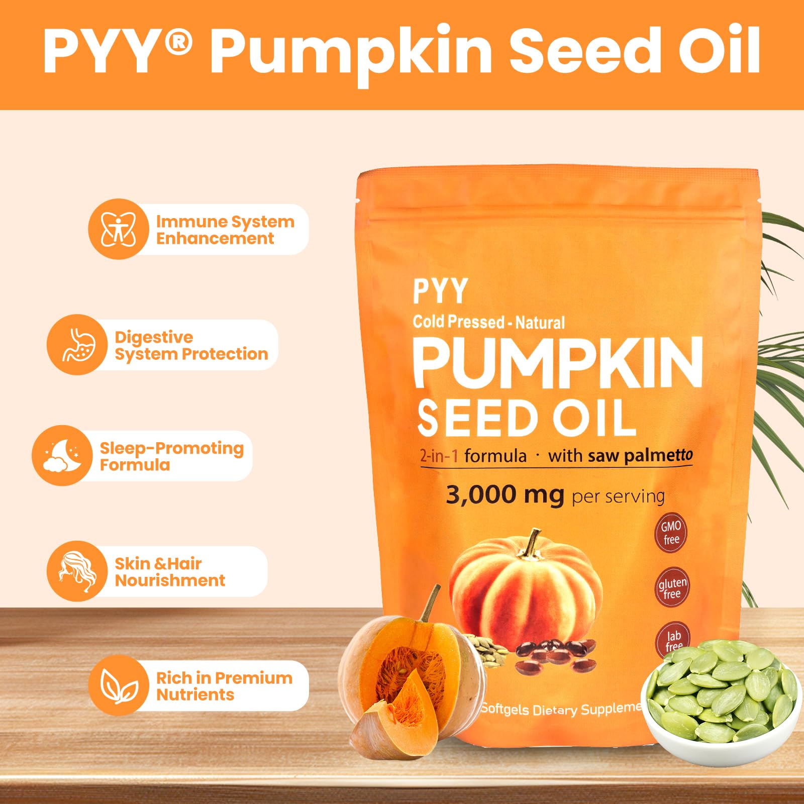 PYY Pumpkin Seed Oil Softgels on a wooden table