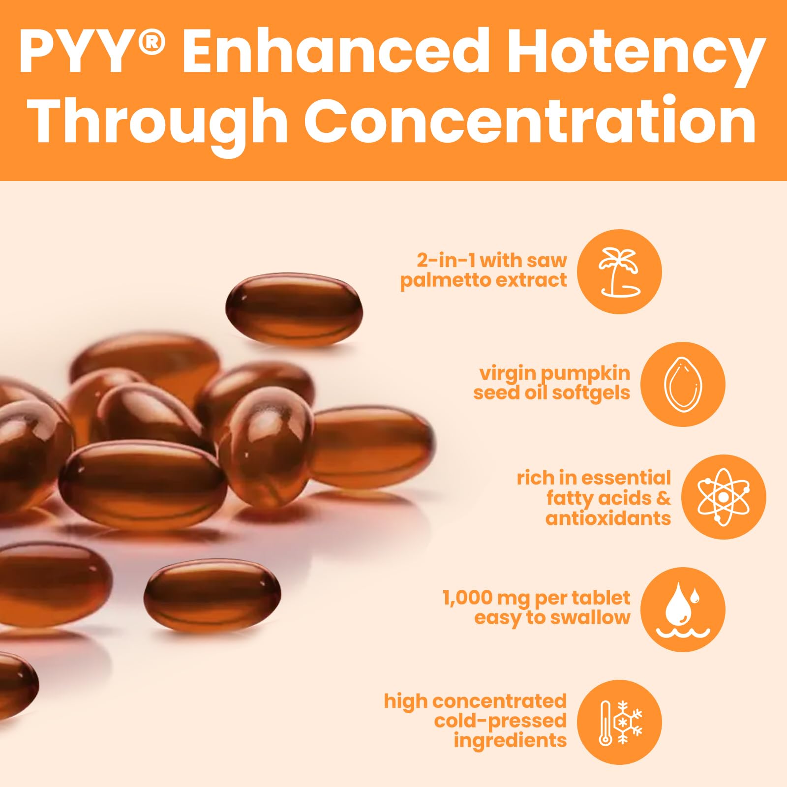 PYY Pumpkin Seed Oil Softgels with dosage information