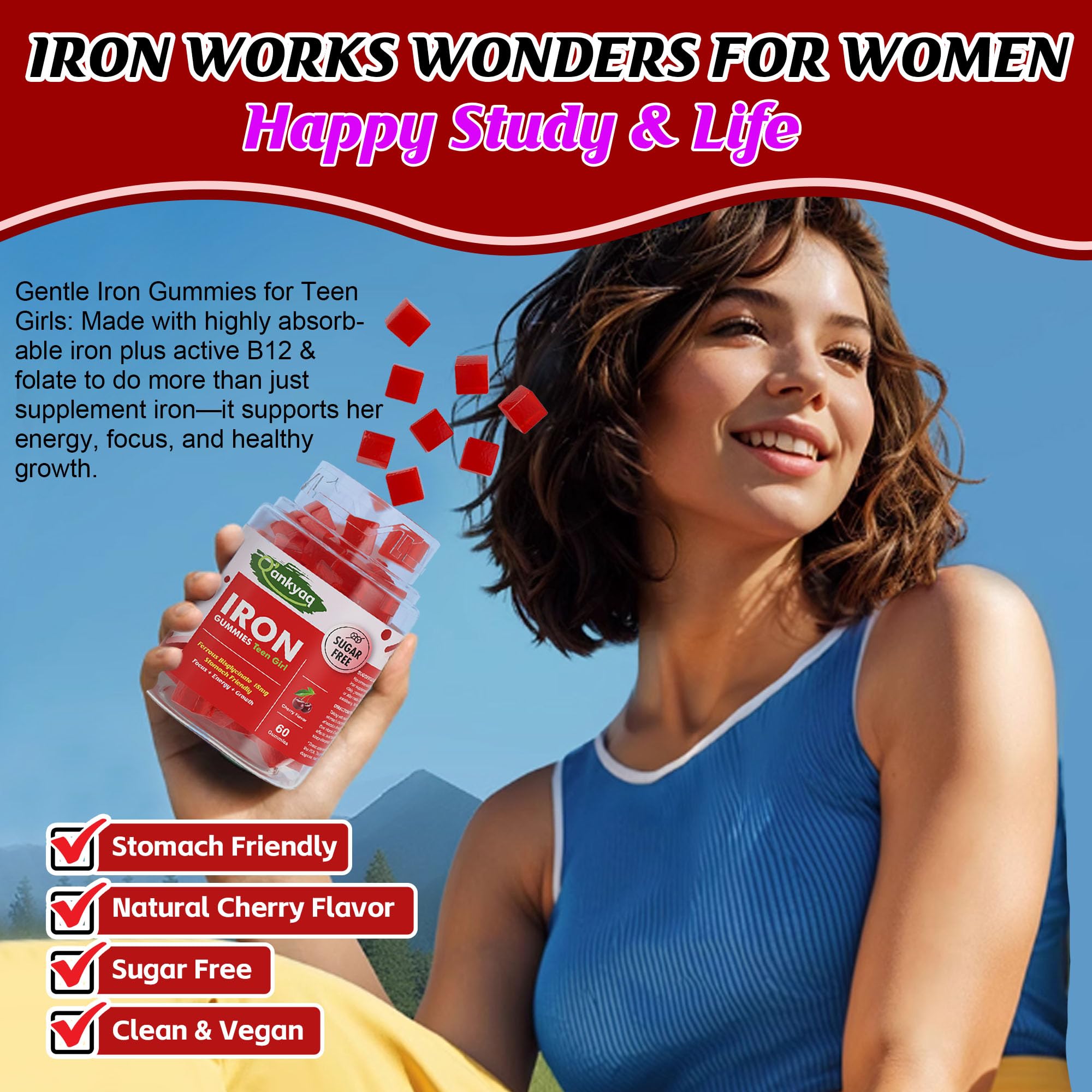 Q'ankyaq Gentle Iron Gummies lifestyle scene with a teen girl