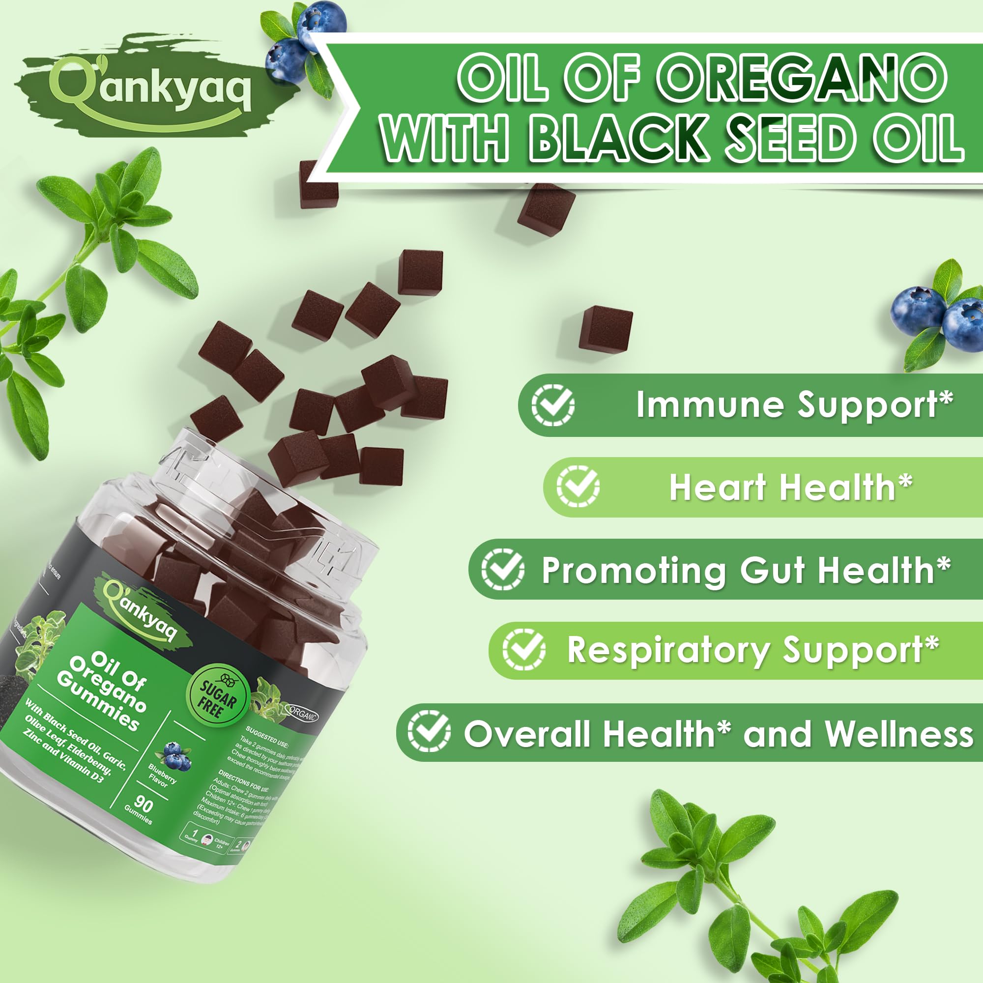 Q'ankyaq Oregano Gummies ingredients list on packaging