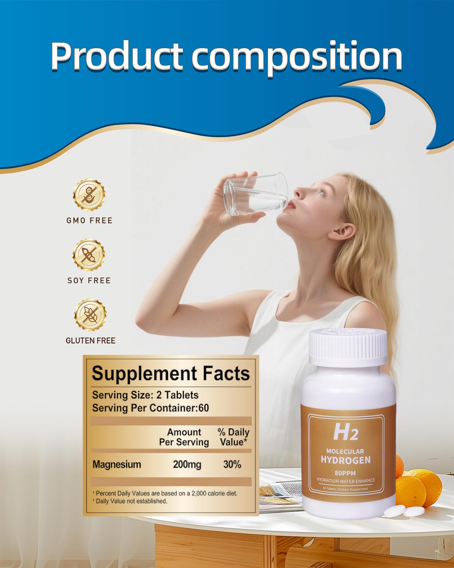 Qanbokey Hydrogen Water Tablets in a glass of water