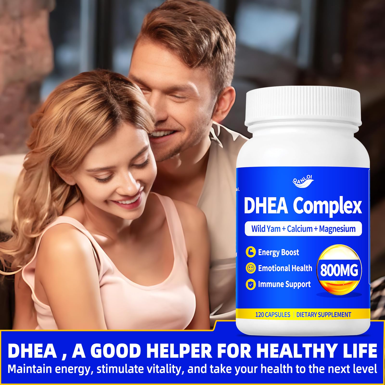 QANLOI DHEA Supplement 200mg bottle with measuring spoon