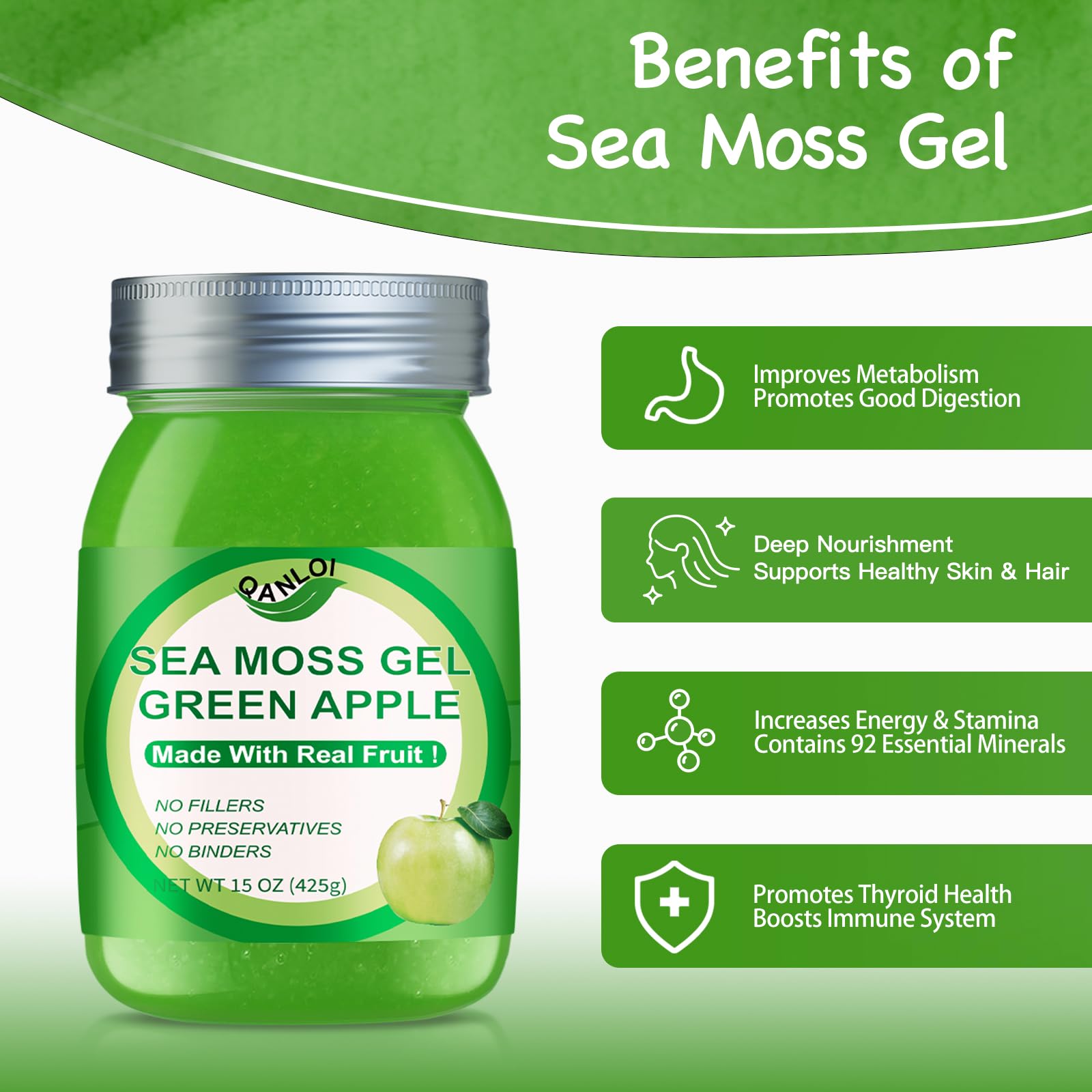 QANLOI Sea Moss Gel 650g jar open showing the gel