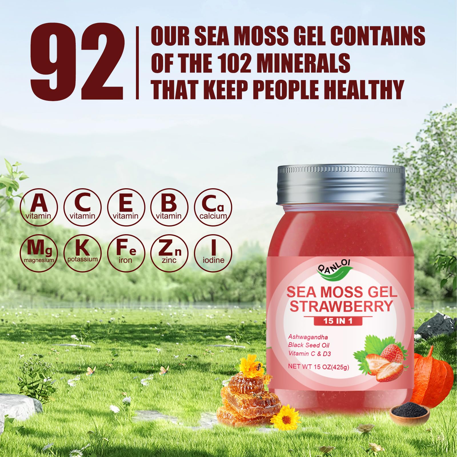 QANLOI Strawberry Sea Moss Gel being mixed in a drink