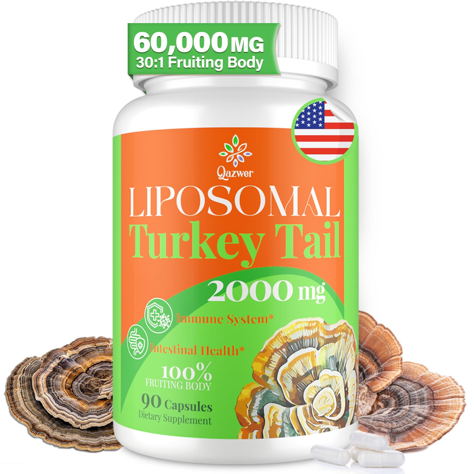Qazwer Turkey Tail Mushroom Capsules front view with label