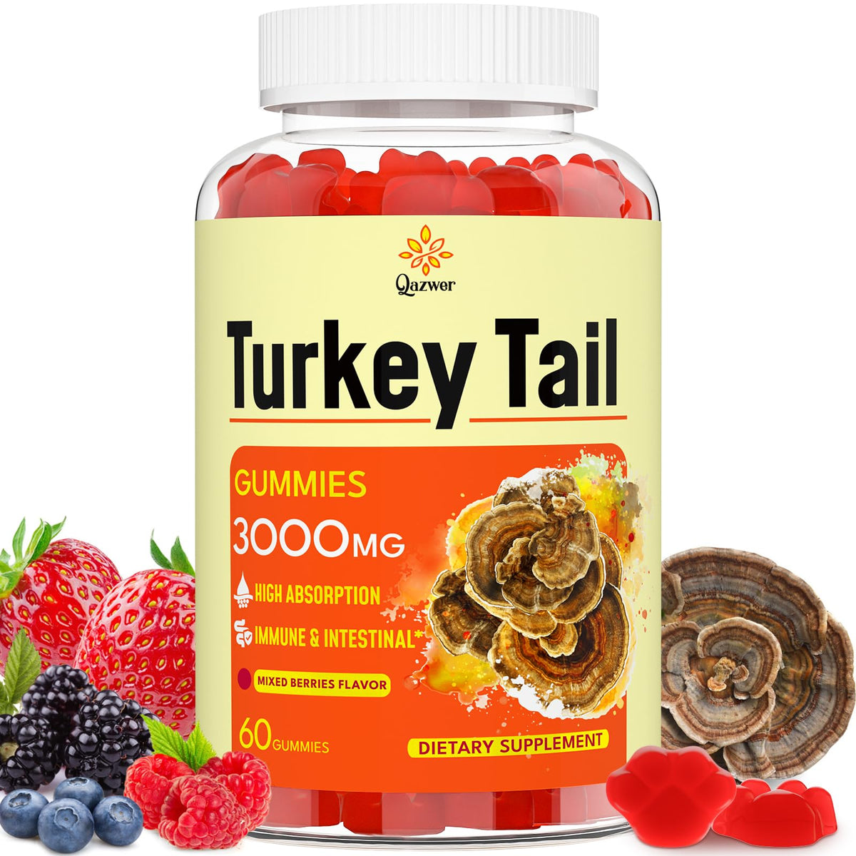 Qazwer Turkey Tail Mushroom Gummies front view with packaging