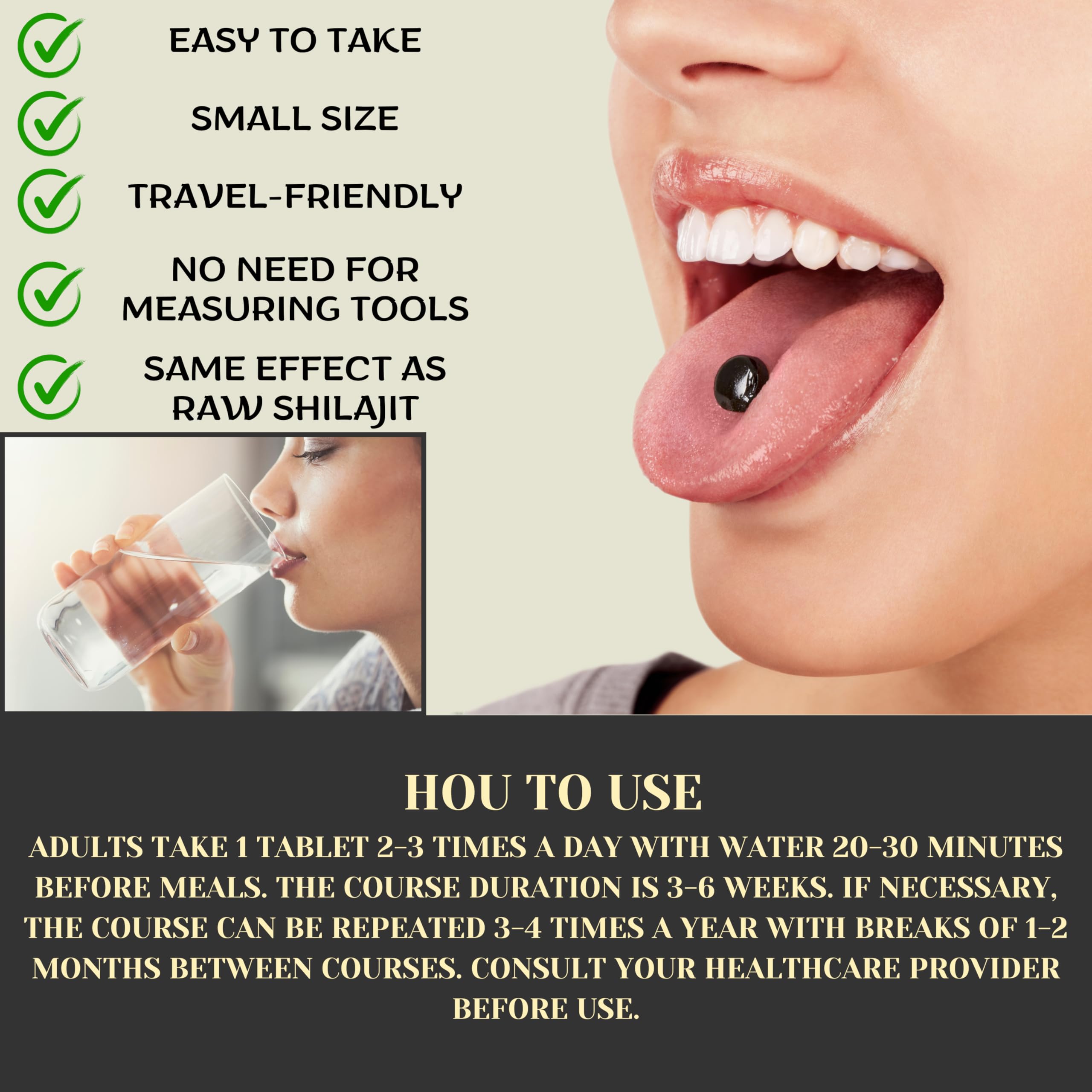 QG group Shilajit Tablets 200mg on a wooden table