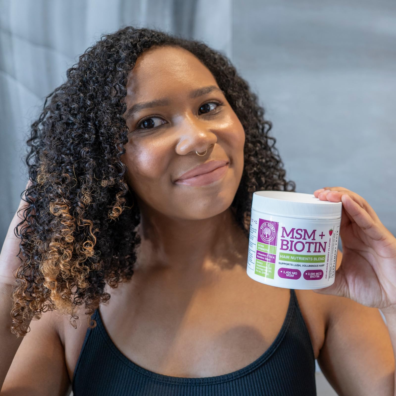Qhemet Biologics MSM + Biotin Hair Nutrients Blend on a kitchen counter
