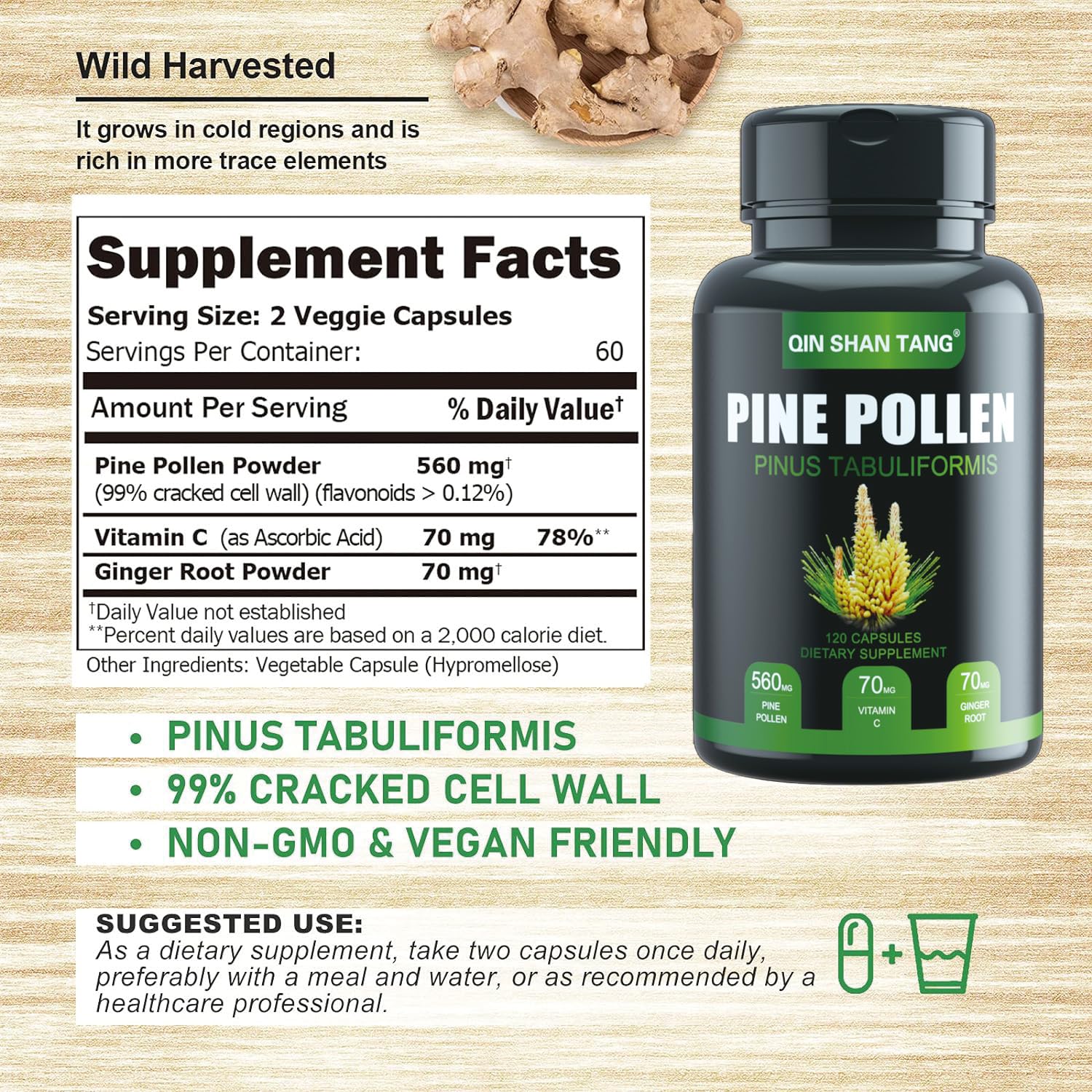 QIN SHAN TANG Pine Pollen Capsules open bottle with capsules