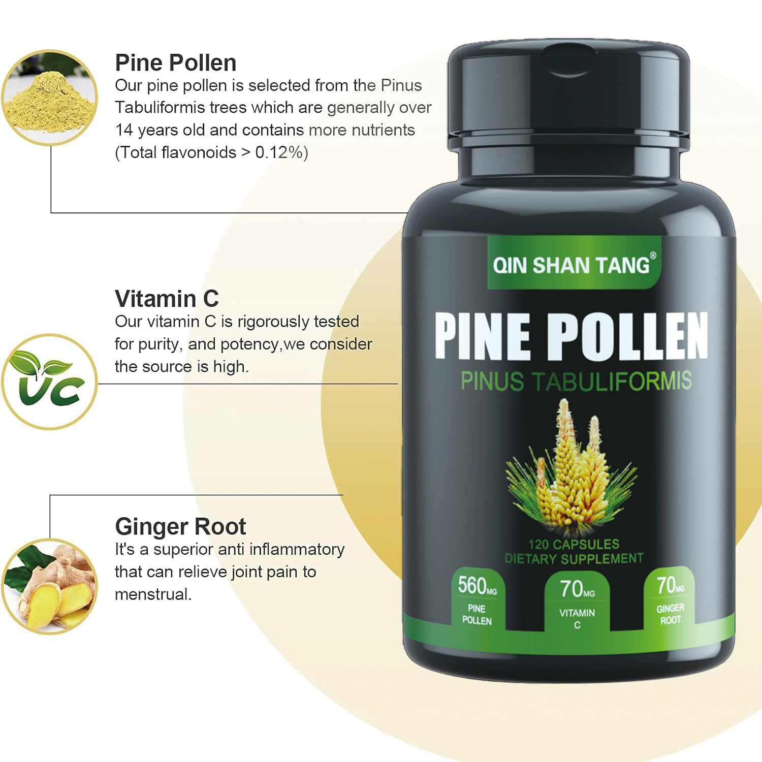 QIN SHAN TANG Pine Pollen Capsules side view showing label