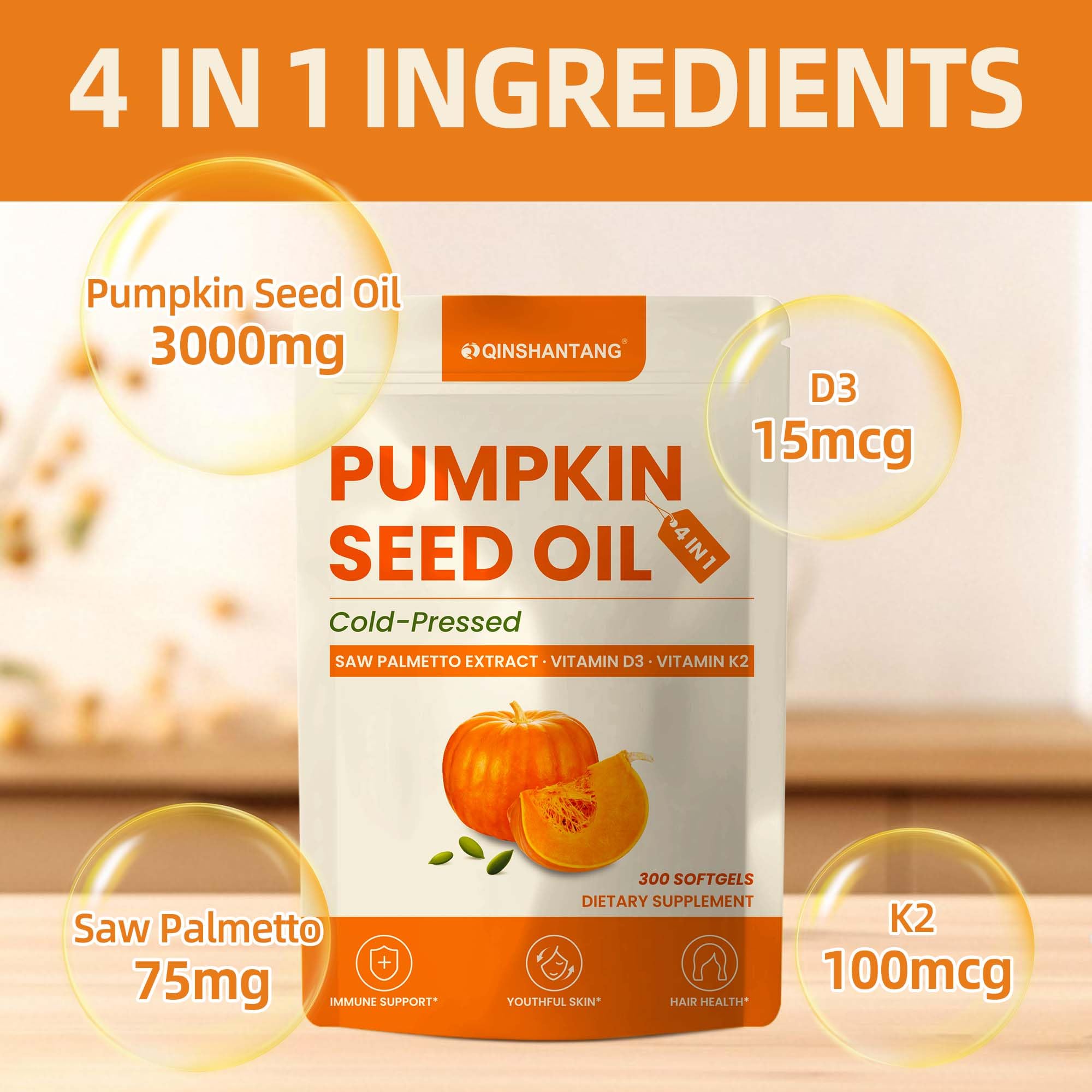 QIN SHAN TANG Saw Palmetto Pumpkin Seed Oil softgels on a wooden table