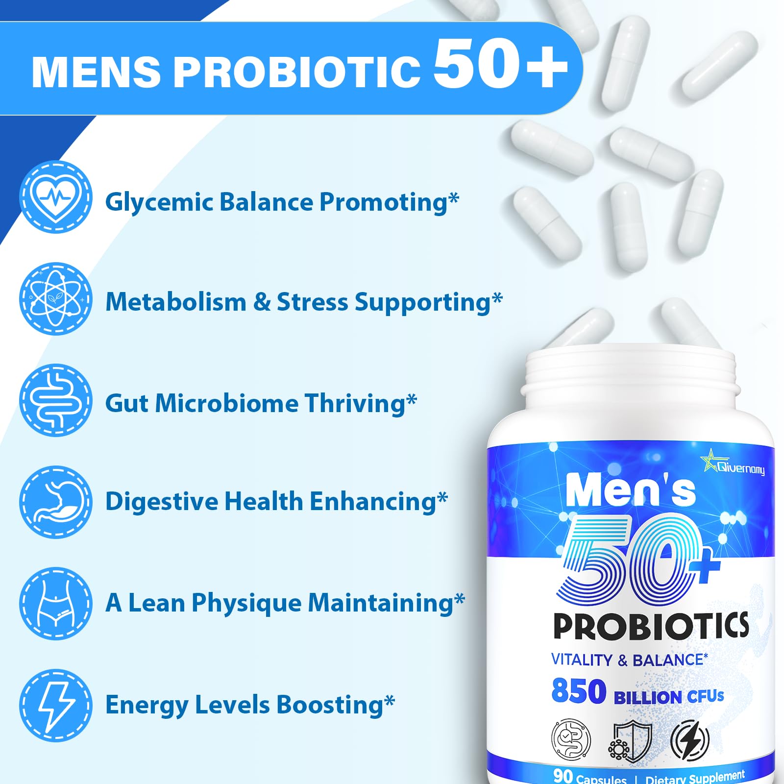 QIVERNAMY Men's 50+ Probiotic capsules on a wooden table